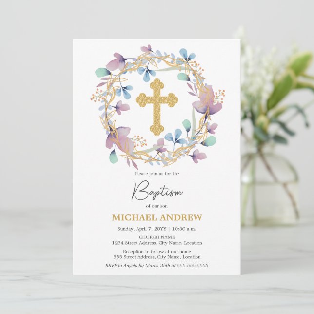 Elegant Gold Cross Baptism Floral Invitation (Standing Front)
