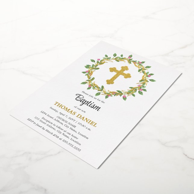 Elegant Gold Cross Baptism Floral Wreath Foil Invitation (Rotated)
