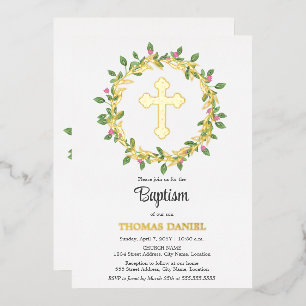 Elegant Gold Cross Baptism Floral Wreath Foil Invitation