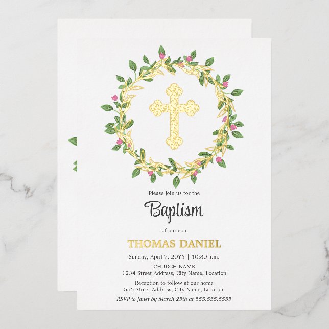 Elegant Gold Cross Baptism Floral Wreath Foil Invitation (Front/Back)