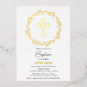 Elegant Gold Cross Baptism Foil Invitation