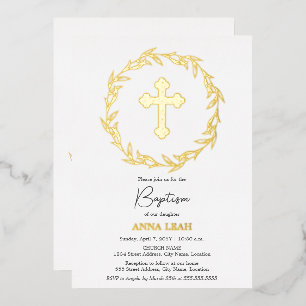 Elegant Gold Cross Baptism Foil Invitation