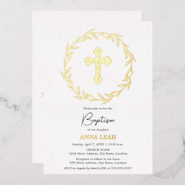 Elegant Gold Cross Baptism Foil Invitation (Front/Back)