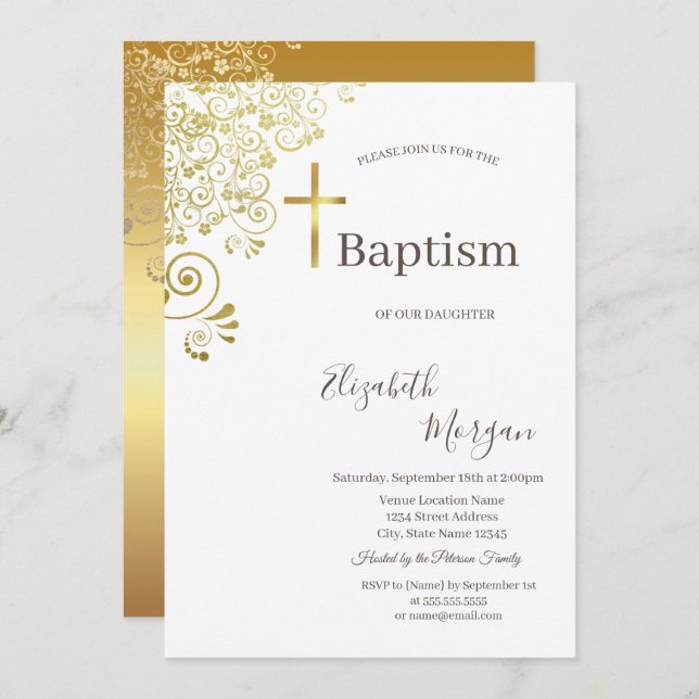 Elegant Gold Cross Baptism Gold Floral Lace Invitation (Front/Back)