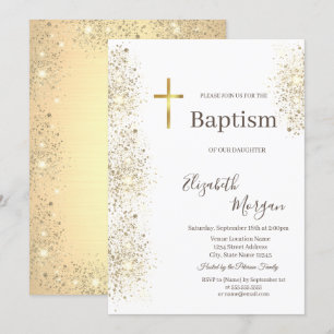 Elegant Gold Cross Baptism Gold Glitter Confetti Invitation