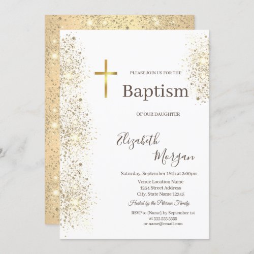 Elegant Gold Cross Baptism Gold Glitter Confetti Invitation