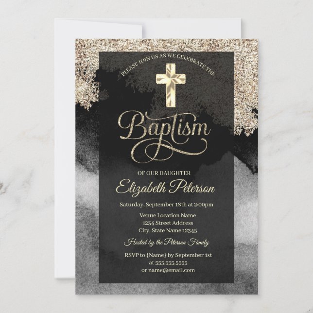 Elegant Gold Cross Baptism Invitation (Front)
