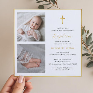 Elegant Gold Cross Baptism   Modern Script Invitation