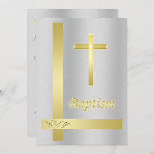 Elegant Gold Cross Baptism on metal background Invitation