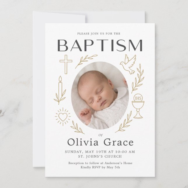 Elegant Gold Cross Baptism Photo Invitation (Front)