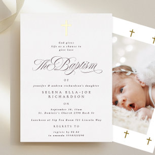 Elegant Gold Cross Baptism Photo Invitation Foil Invitation