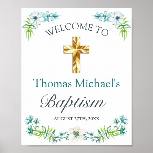 Elegant Gold Cross Baptism Reception Welcome Sign