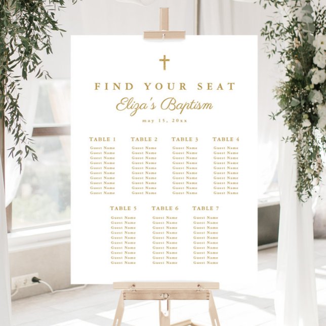Elegant Gold Cross Baptism Seating Chart Foam Board (Simple elegant gold cross baptism seating chart.)