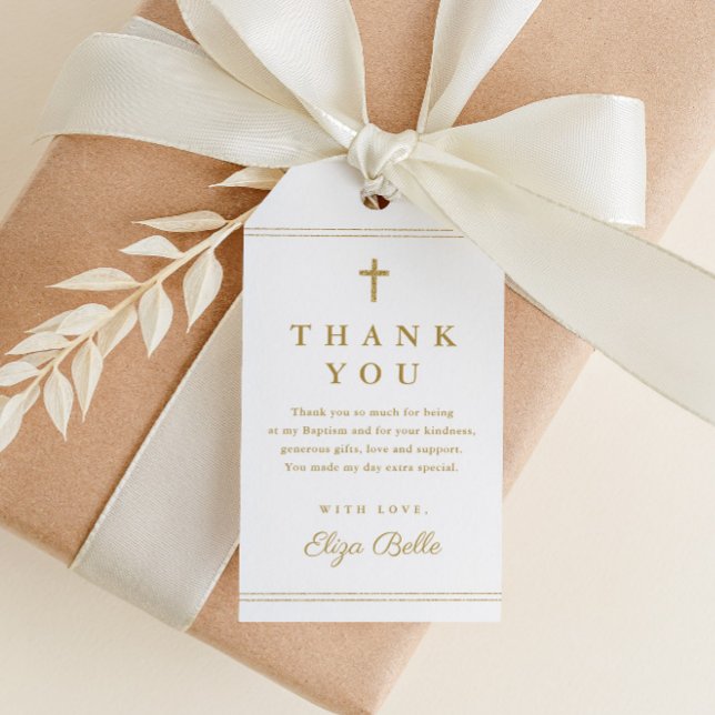 Elegant Gold Cross Baptism Thank You Favor Gift Tags (Elegant gold glitter baptism thank you favor tag with simple typography and script name.)