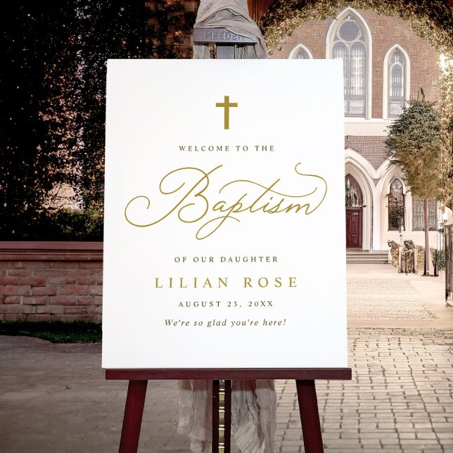 Elegant Gold Cross Baptism Welcome Foam Board (Personalized baptism welcome sign with gold script and cross, printed on foam board.)
