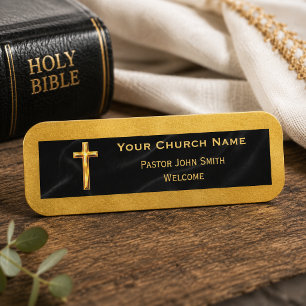 Elegant Gold Cross Black Velvet Welcome Name Tag