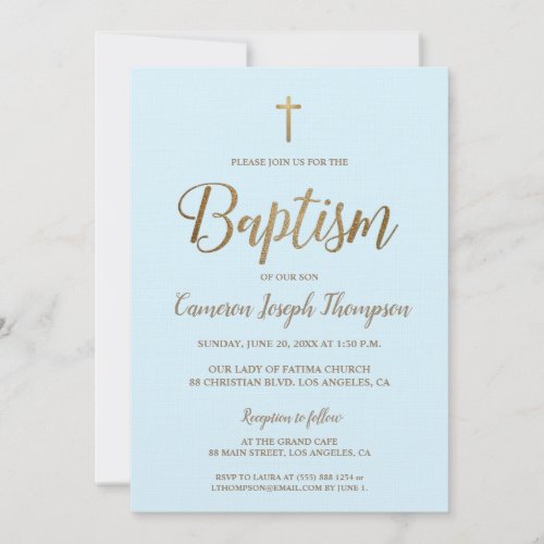 Elegant Gold cross Blue Custom Baptism Invitation