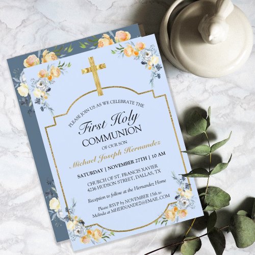 Elegant Gold Cross Blue Floral 1st Holy Communion Invitation