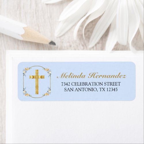 Elegant Gold Cross Blue Floral 1st Holy Communion Label