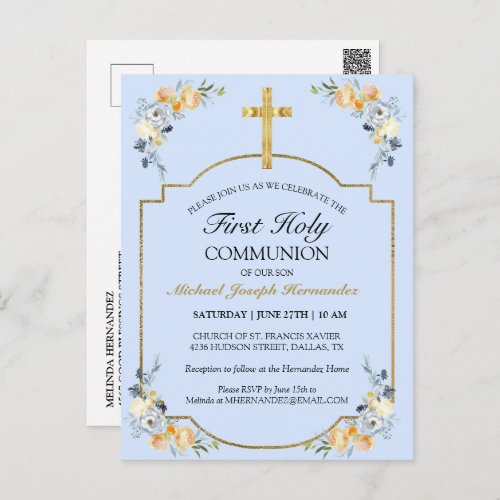Elegant Gold Cross Blue Floral 1st Holy Communion Postcard