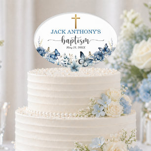 Elegant Gold Cross Blue Floral Baptism Cake Topper