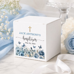 Elegant Gold Cross Blue Floral Baptism Favor Boxes