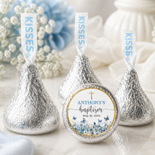 Elegant Gold Cross Blue Floral Baptism Hershey®'s Kisses®