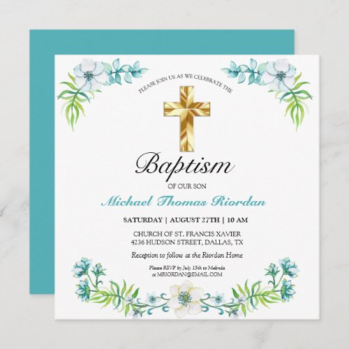Elegant Gold Cross Blue Floral Baptism Invitation