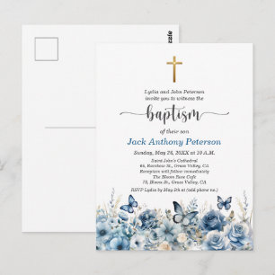 Elegant Gold Cross Blue Floral Baptism Invitation Postcard