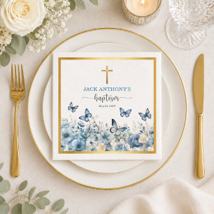 Elegant Gold Cross Blue Floral Baptism Napkins