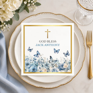 Elegant Gold Cross Blue Floral Baptism Napkins