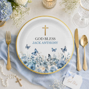 Elegant Gold Cross Blue Floral Baptism Paper Plates
