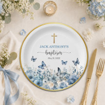 Elegant Gold Cross Blue Floral Baptism 