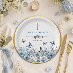 Elegant Gold Cross Blue Floral Baptism Paper Plates