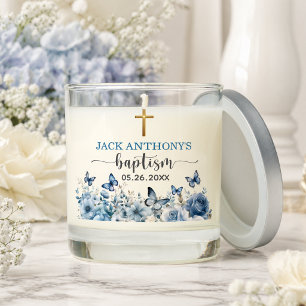 Elegant Gold Cross Blue Floral Baptism Scented Candle