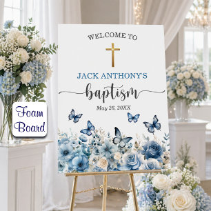 Elegant Gold Cross Blue Floral Baptism Welcome Foam Board