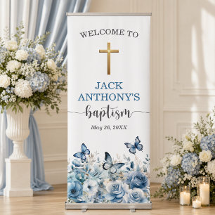 Elegant Gold Cross Blue Floral Baptism Welcome Retractable Banner