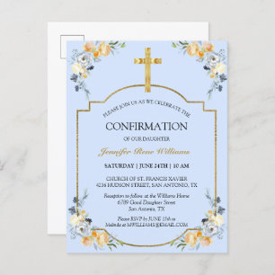 Elegant Gold Cross Blue Floral Confirmation Invita Invitation Postcard