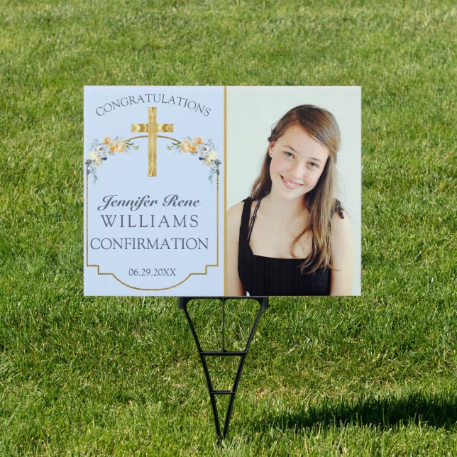 Elegant Gold Cross Blue Floral Girls Confirmation Sign (Insitu)
