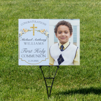 Elegant Gold Cross Blue Floral Holy Communion Yard Sign