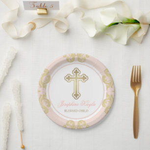 Elegant Gold Cross Blush Damask Girl Baptism Paper Plates