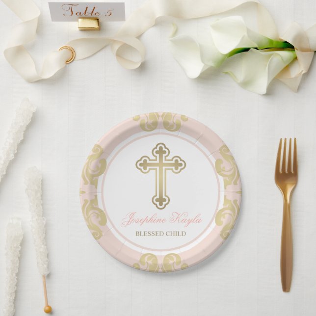 Elegant Gold Cross Blush Damask Girl Baptism Paper Plates (Wedding)