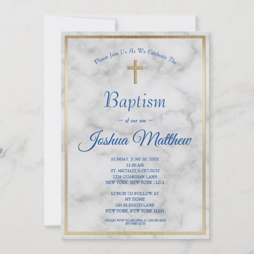 Elegant Gold Cross Boy Blue White Marble Baptism Invitation