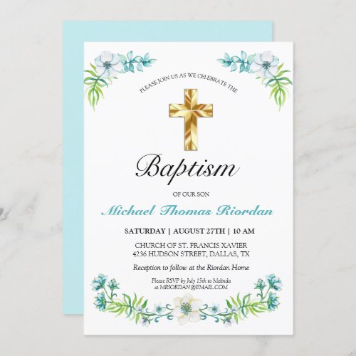 Elegant Gold Cross Boys Blue Baptism Invitation