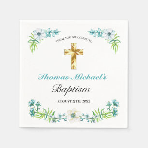 Elegant Gold Cross Boy's Blue Baptism Napkins