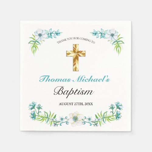 Elegant Gold Cross Boys Blue Baptism Napkins