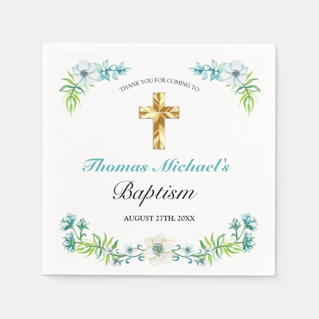 Elegant Gold Cross Boy's Blue Baptism Napkins (Front)