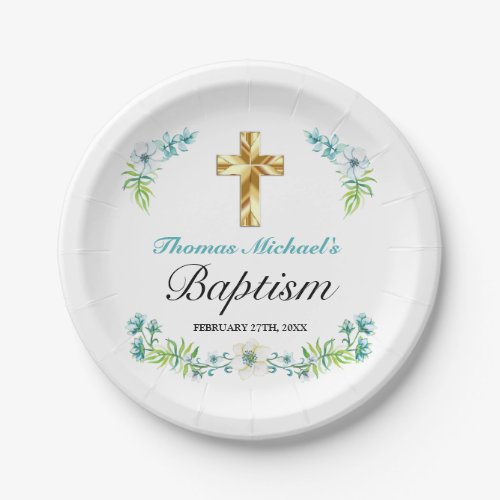 Elegant Gold Cross Boys Blue Baptism Paper Plates