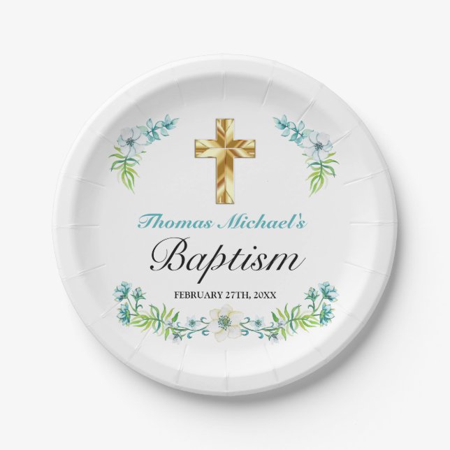 Elegant Gold Cross Boy's Blue Baptism Paper Plates (Front)