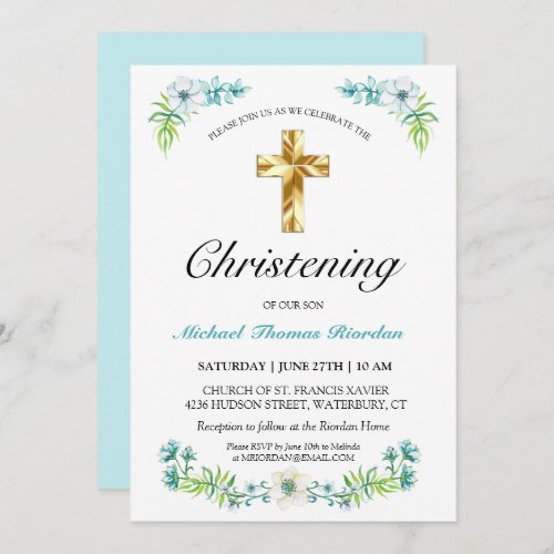 Elegant Gold Cross Boys Blue Floral Christening  Invitation